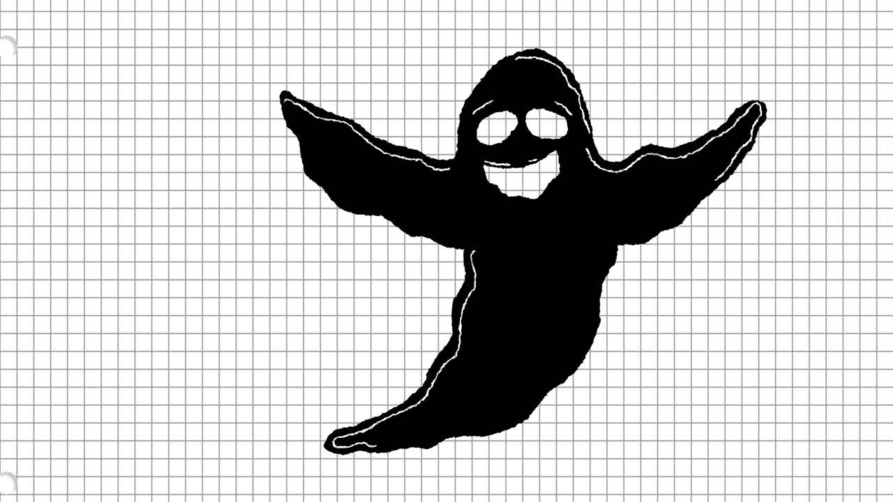 Ghostly figure with outstretched arms over grid background animation