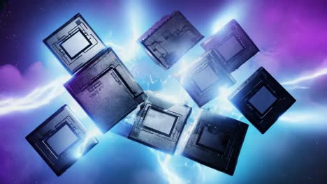 futuristic energy cubes with lightning and digital glow