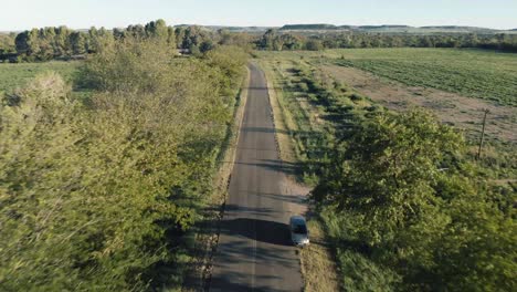 Aéreo-Descendiendo-A-La-Carretera-De-Alquitrán-árboles-Verdes-Y-Campo-Verde