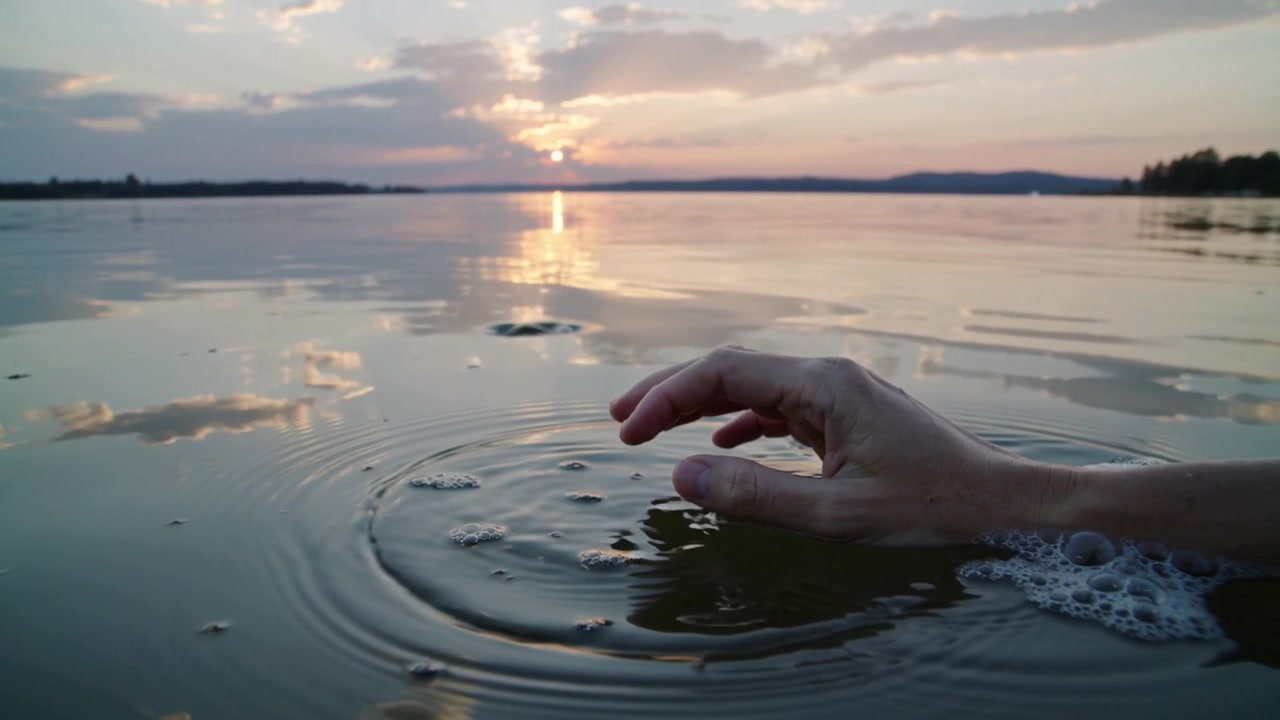 Mano destra di un adulto che tocca l'acqua creando increspature circolari con la schiuma in un lago al tramonto, con spazio per il testo.