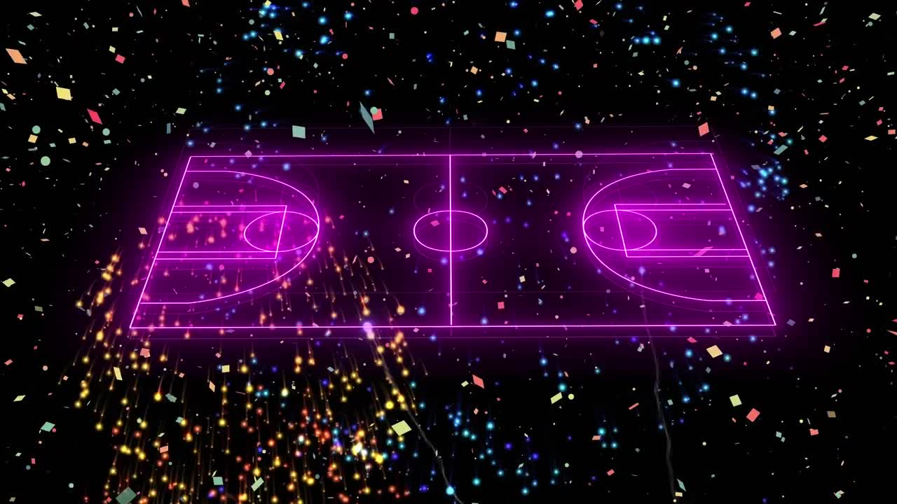 Animation of fireworks over neon digital soccer field
