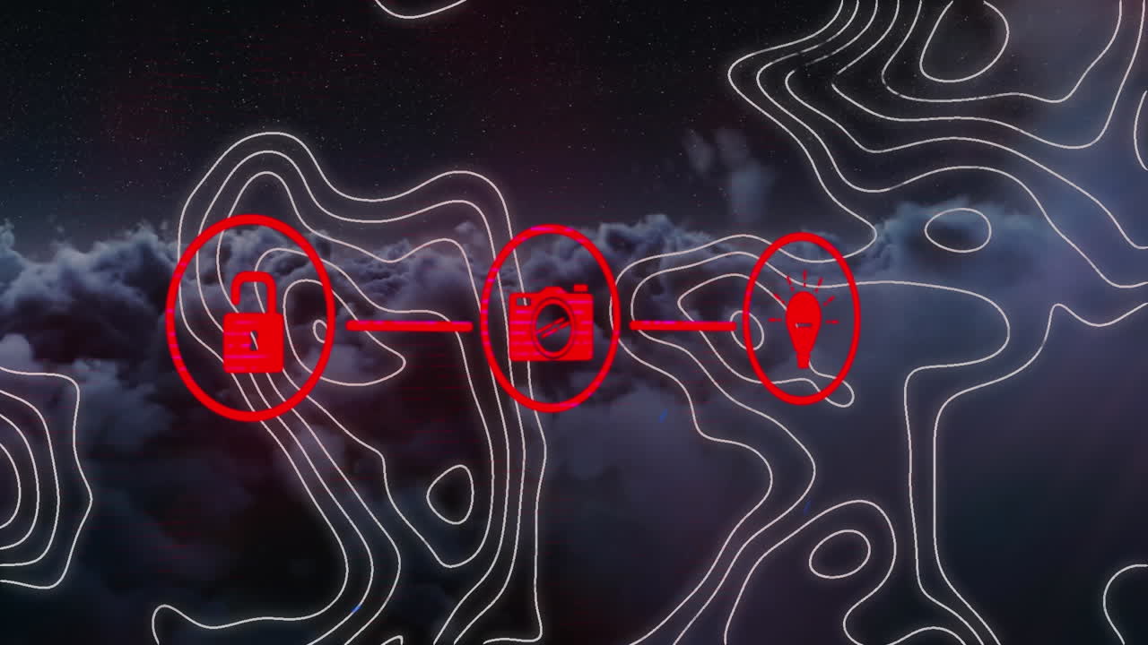 어두운 하늘의 구름 위에 미디어 아이콘의 빨간색 네트워크와  ⁇ 색 윤 ⁇  선의 애니메이션