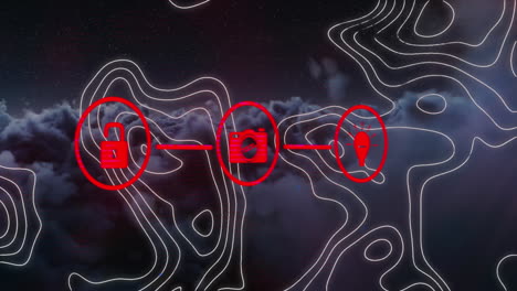 animación de red roja de iconos de medios y líneas de contorno blancas sobre nubes en el cielo oscuro