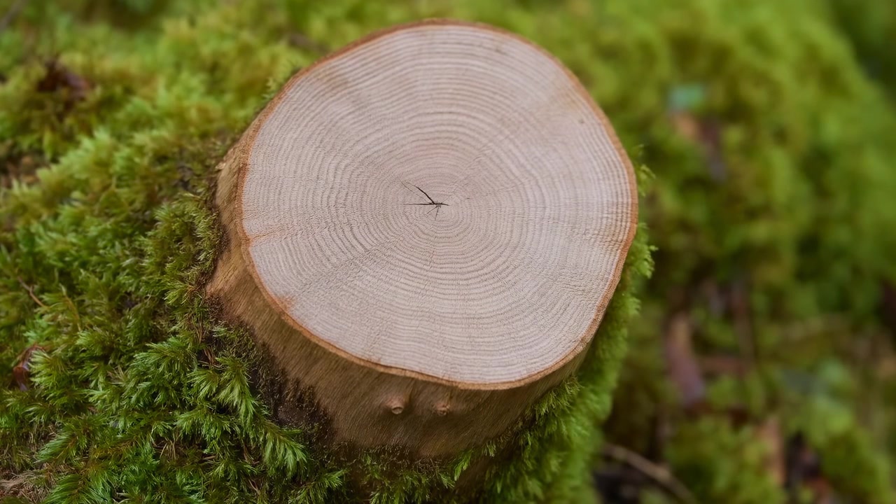 Lavvinklet nærbillede af en friskfældet træstub, der hviler på grøn mos i en skov. Synlige årringe og glat lyst træårer kontrasterer med den resterende bark.