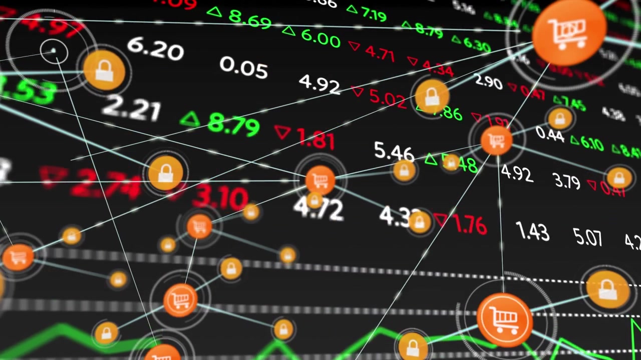 Animation of connections over financial data and graphs on black background