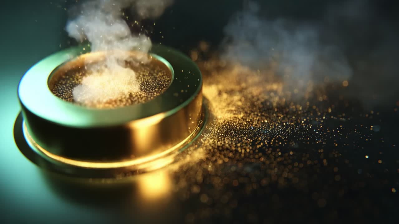 Glistening Particles Emanating from a Circular Metallic Base Illuminated by Soft Light, Creating a Mesmerizing Visual of Dust and Smoke in a Dynamic Display