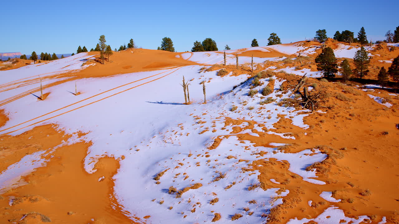 Dramatic drone shot of the pink sand dunes full of color and interesting land features