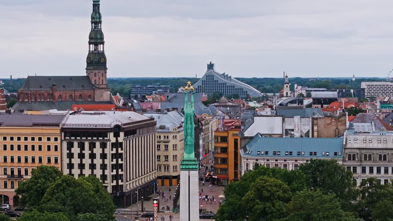 Medium tele drone view of Freedom Monument Riga, digital battlefield concept
