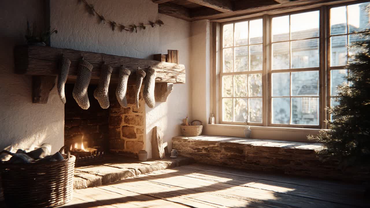 A Cozy and Inviting Fireplace Scene Adorned with Stockings, Bathed in Warm Light from the Sun and Highlighted by a Touch of Natural Decor
