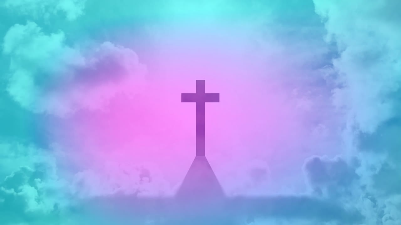 Cross silhouette standing on triangular base against swirling pastel gradient clouds in flat design