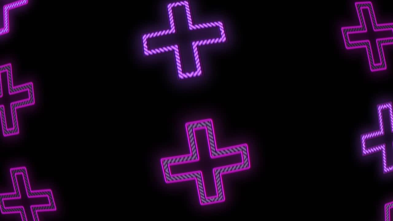 patrón de signo más de neón púrpura pulsante en filas