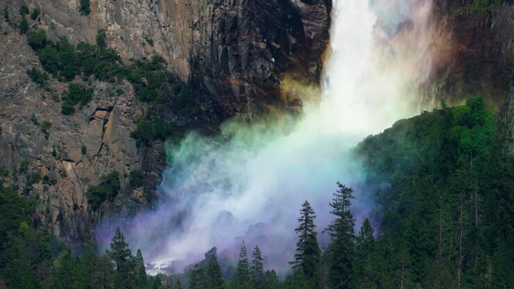Primo piano di un arcobaleno a Bridalveil Fall nel Parco Nazionale di Yosemite, California.