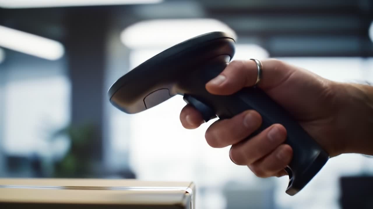 A person operates a handheld scanner to check in packages at a busy office setting. The focus is on the scanning process and surrounding workspace atmosphere.