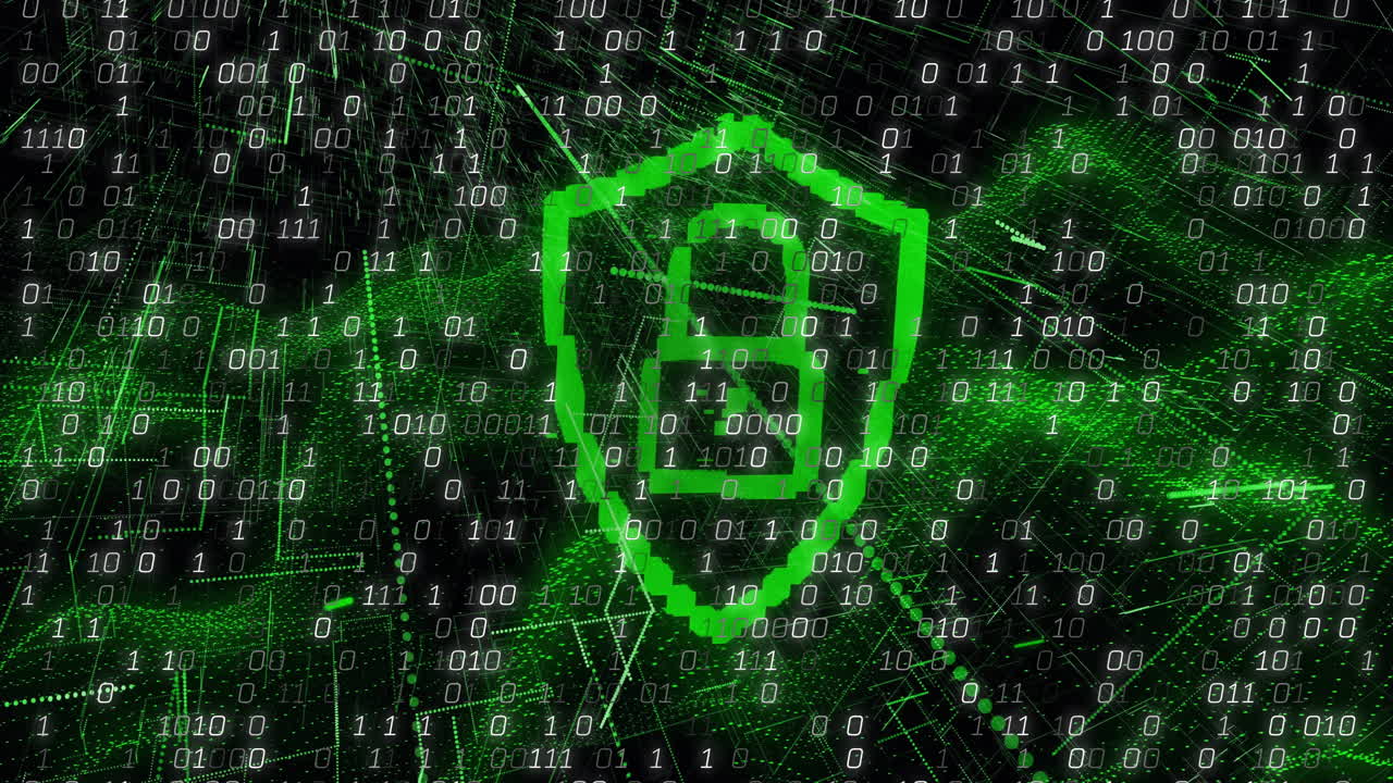 검은색 배경에 락 아이콘이 있는 방패 위의 데이터 처리의 애니메이션