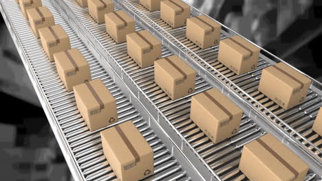 animación de cajas de cartón que se mueven en cintas transportadoras sobre el almacén