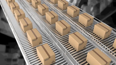 animation of cardboard boxes moving on conveyor belts over warehouse