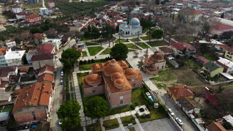 Aerial-View-Over-Iznik-Museum,-Ottoman-Building-With-Tiled-Roofs-In-Iznik,-Bursa-Region,-Turkey---drone-shot