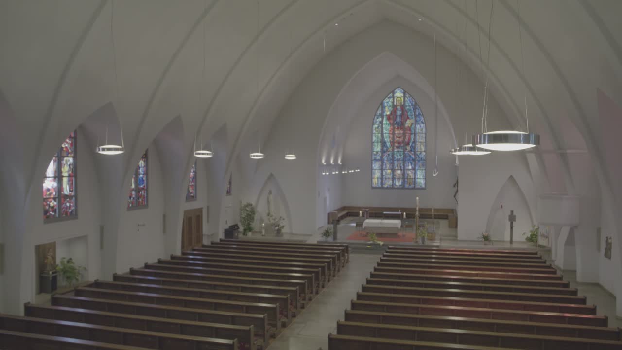 View into the empty church room of the church St. Konrad and Elisabeth in Freiburg, Germany