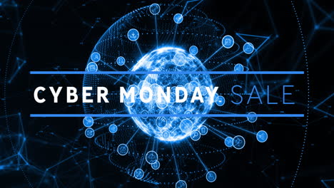 Animation-Von-Cyber-Monday-Sale-Text-Und--Symbolen-Um-Globen,-Verbundene-Punkte-Auf-Schwarzem-Hintergrund