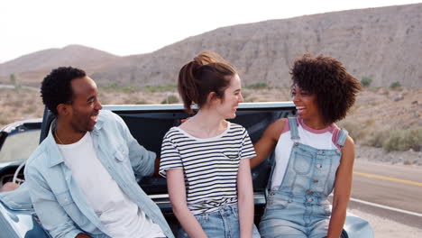 happy friends on a road trip take a roadside break