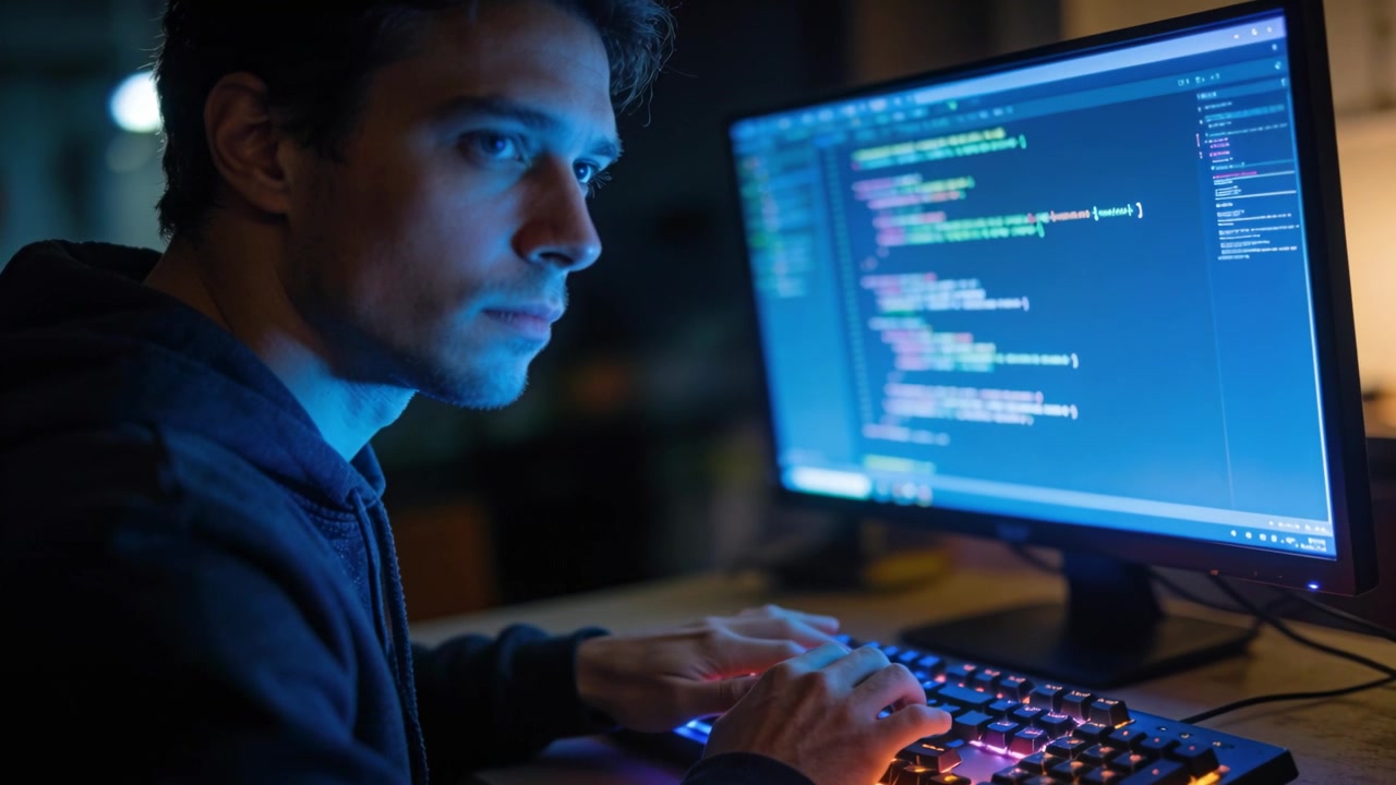 Monitor glow drawing dark-hooded man working code at home pausing over RGB keyboard resuming typing