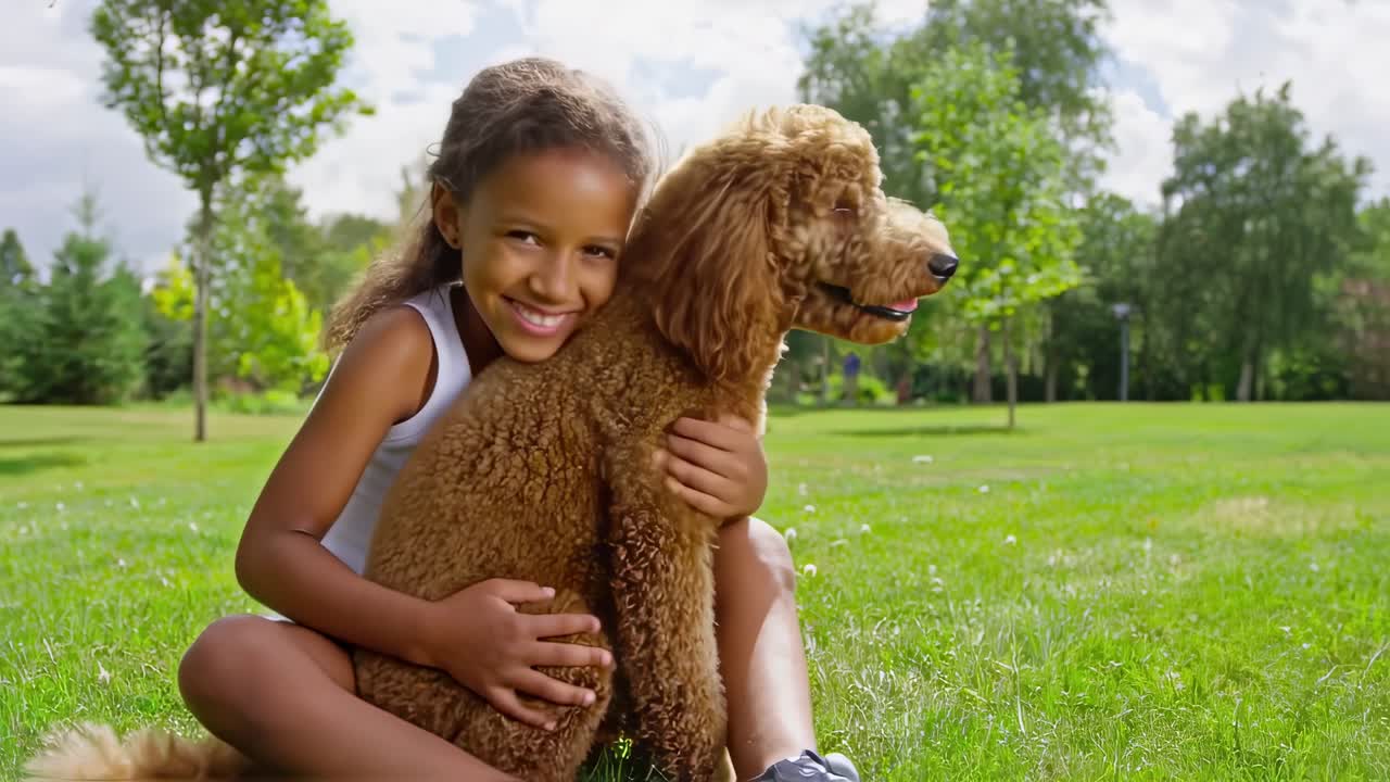 Cheerful young girl warmly hugging fluffy white poodle while playing together on lush green park grass, radiating pure childhood joy and deep pet friendship