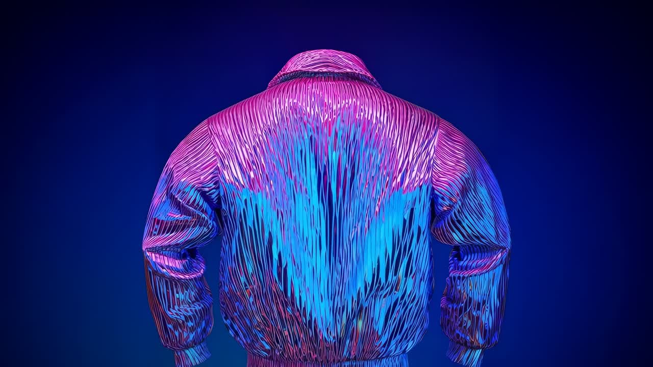 Animating metallic bomber jacket back shifting blue to pink on dark studio lighting driving ridges