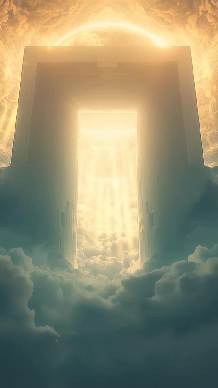 Vertical video: Inner lighting driving gateway sending golden beams amid dense clouds, halo rising