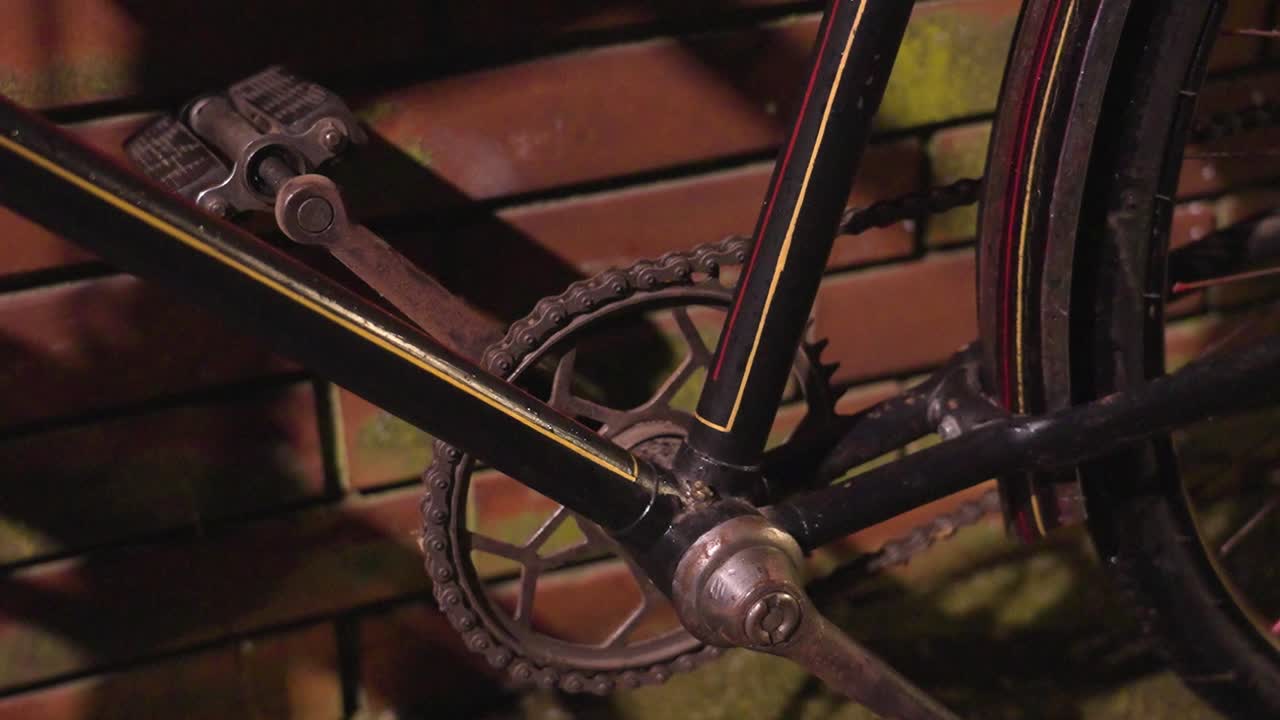 A close-up of a vintage bicycle's chainring and pedal, showing rust and signs of age