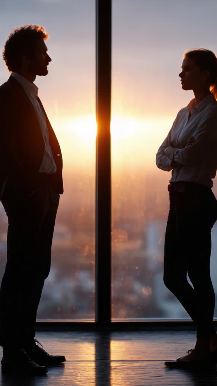 Silhuetter af to professionelle i en intens samtale med en smuk solnedgang i baggrunden, der symboliserer forbindelse og konfliktløsning