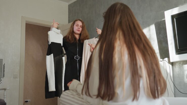 Inquadratura dal basso di coinquilini in interni, uno seduto sul letto indica l'outfit scelto mentre l'altro è in piedi e mostra due vestiti appesi, a dimostrazione di una decisione di moda casual