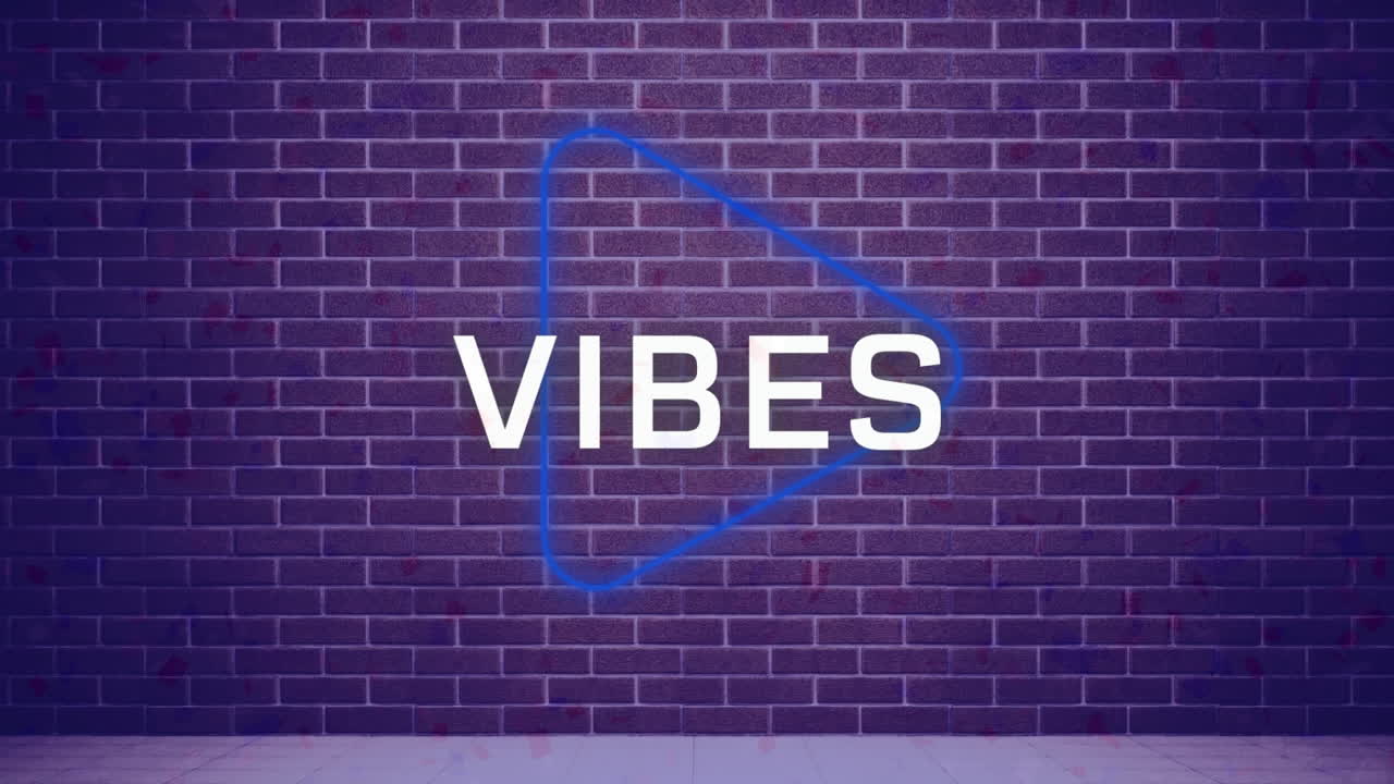 animación de texto de vibraciones con icono sobre fondo púrpura