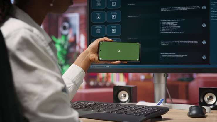 Woman at desk using mockup phone to follow tutorial on AI LLM program