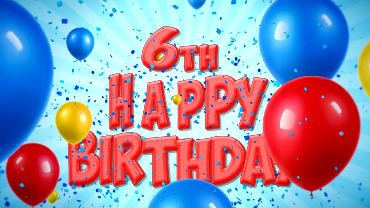 el texto rojo de feliz sexto cumpleaños aparece en las explosiones de confeti popper que caen y las partículas de brillo, los coloridos globos voladores, la animación de bucle sin fisuras para los deseos, el saludo, la fiesta, la invitación, la tarjeta.
