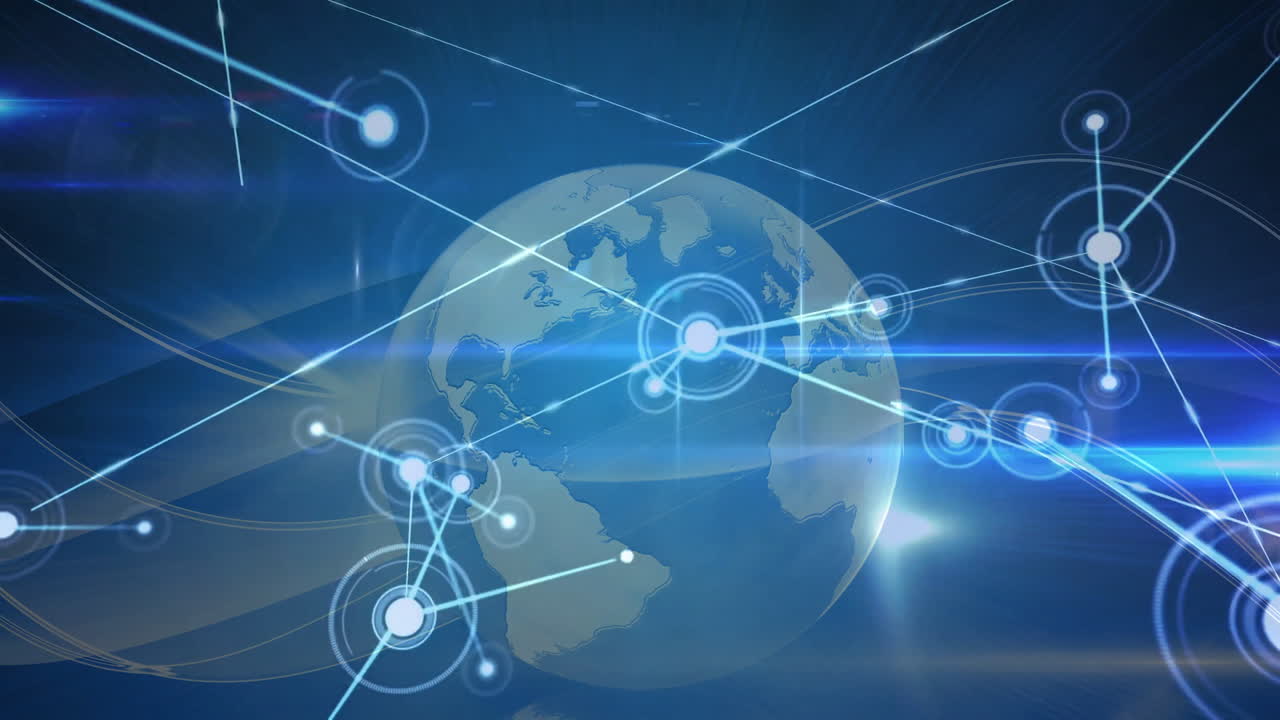 Digital network connections and glowing data points surrounding animated globe