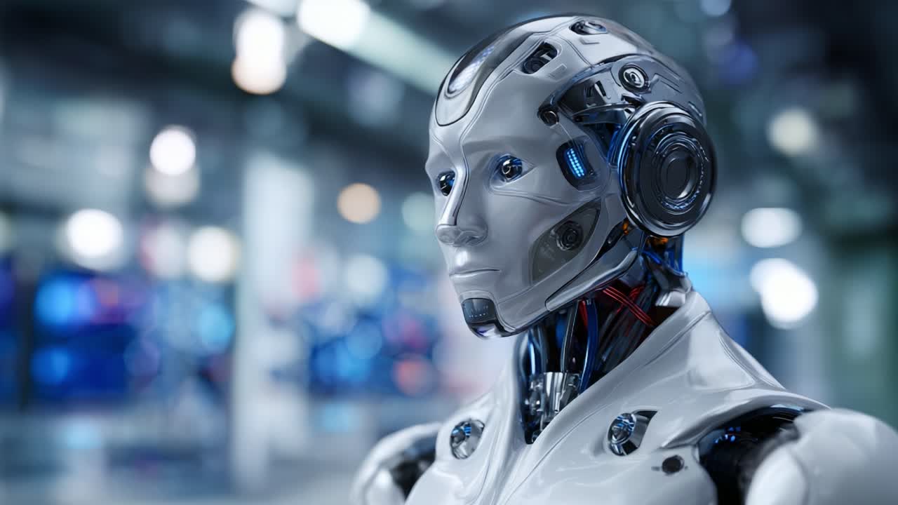 Modello di robot futuristico che mette in mostra tecnologia avanzata con un design elegante e caratteristiche realistiche in un ambiente high-tech