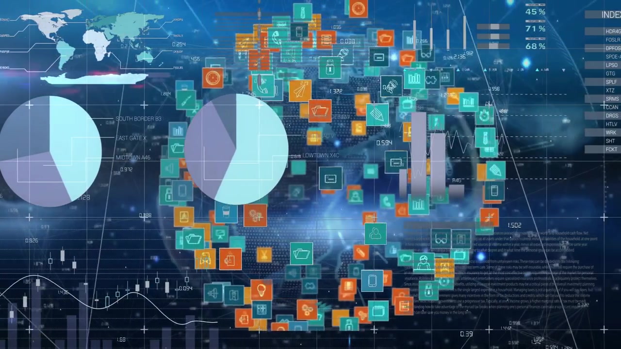 Data visualizations being animated in dashboard, with world map, pie charts, line graphs, icons
