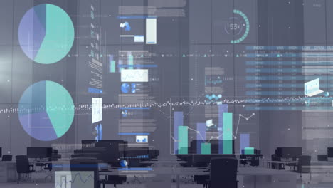 animation of financial data processing over desks in office