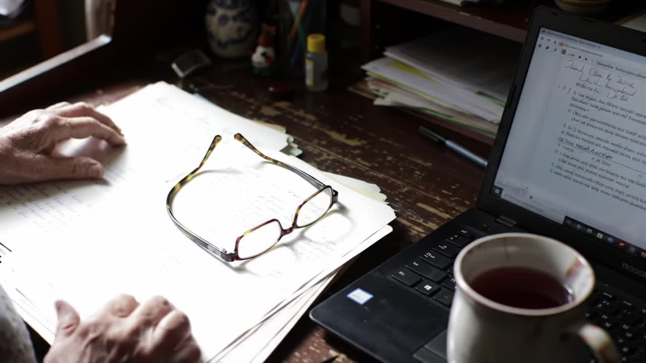 Organizing Documents and Research: A Glimpse into a Productive Workspace with Papers, Laptop, and a Cup of Tea