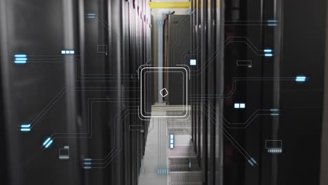 processing data animation over server racks in data center