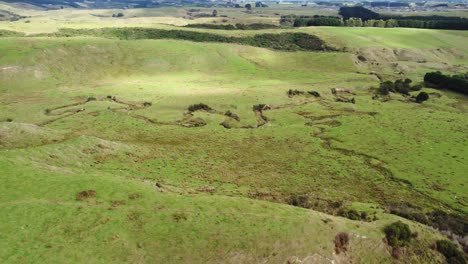 tracking a twisting stream while flying over farmland in the manawatu region of new zealand