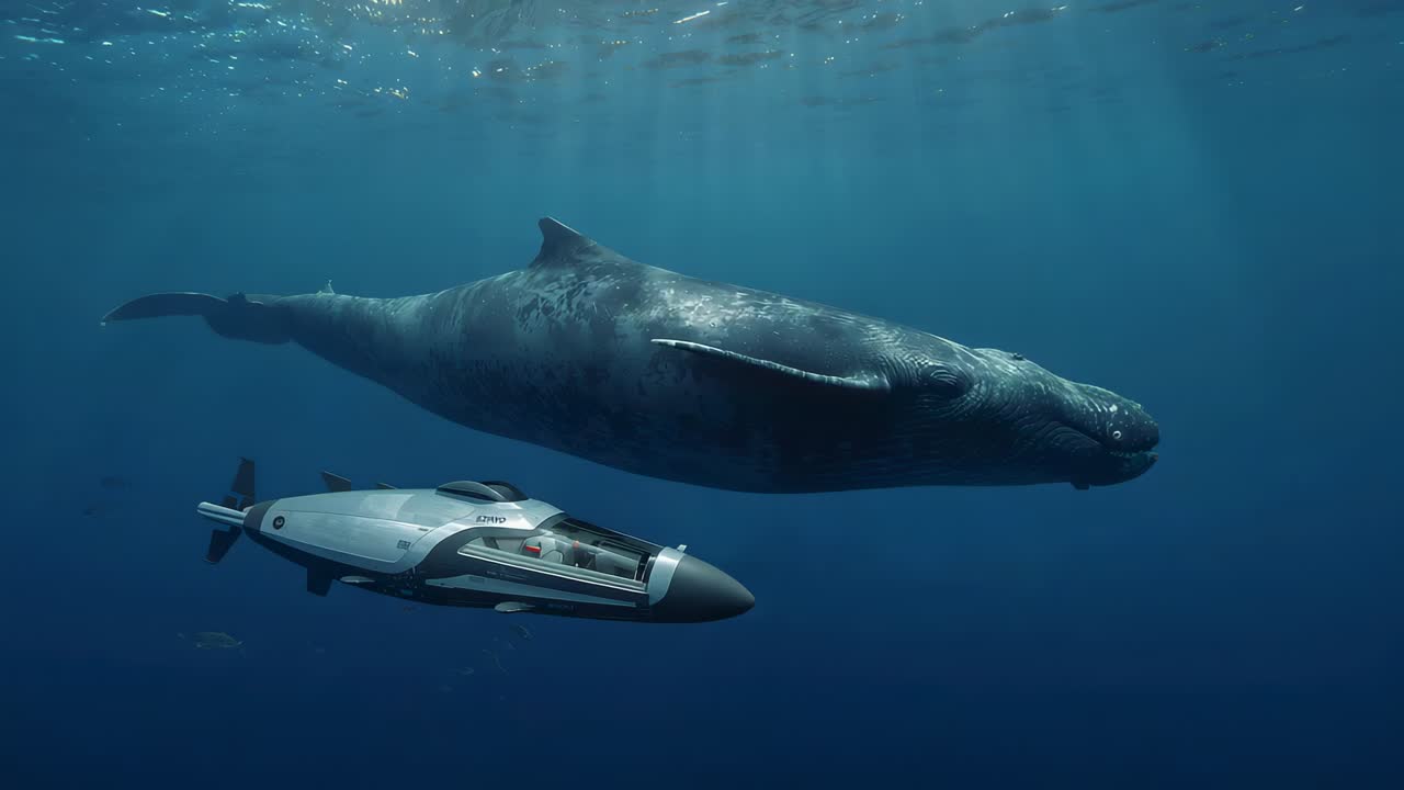 Following whale, sub pilot in red top tracking beneath, adjusting position at open ocean, sun rays