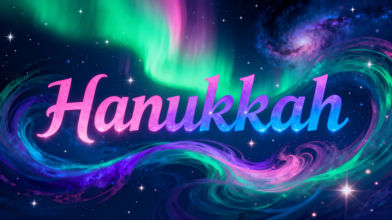 Starting playback Hanukkah word shimmering in cosmic sky, revealing aurora band and nebula swirls