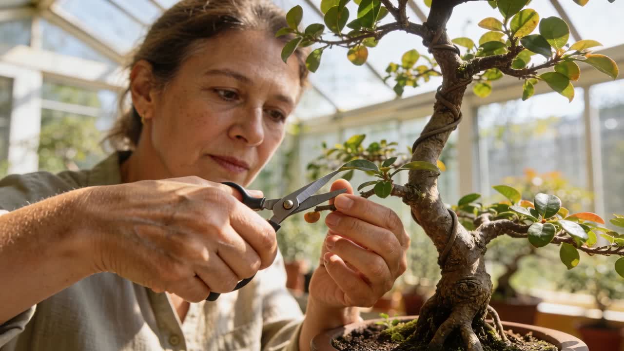 Noticing small shoot, woman trimming bonsai, shaping branches in sunlit greenhouse with shears