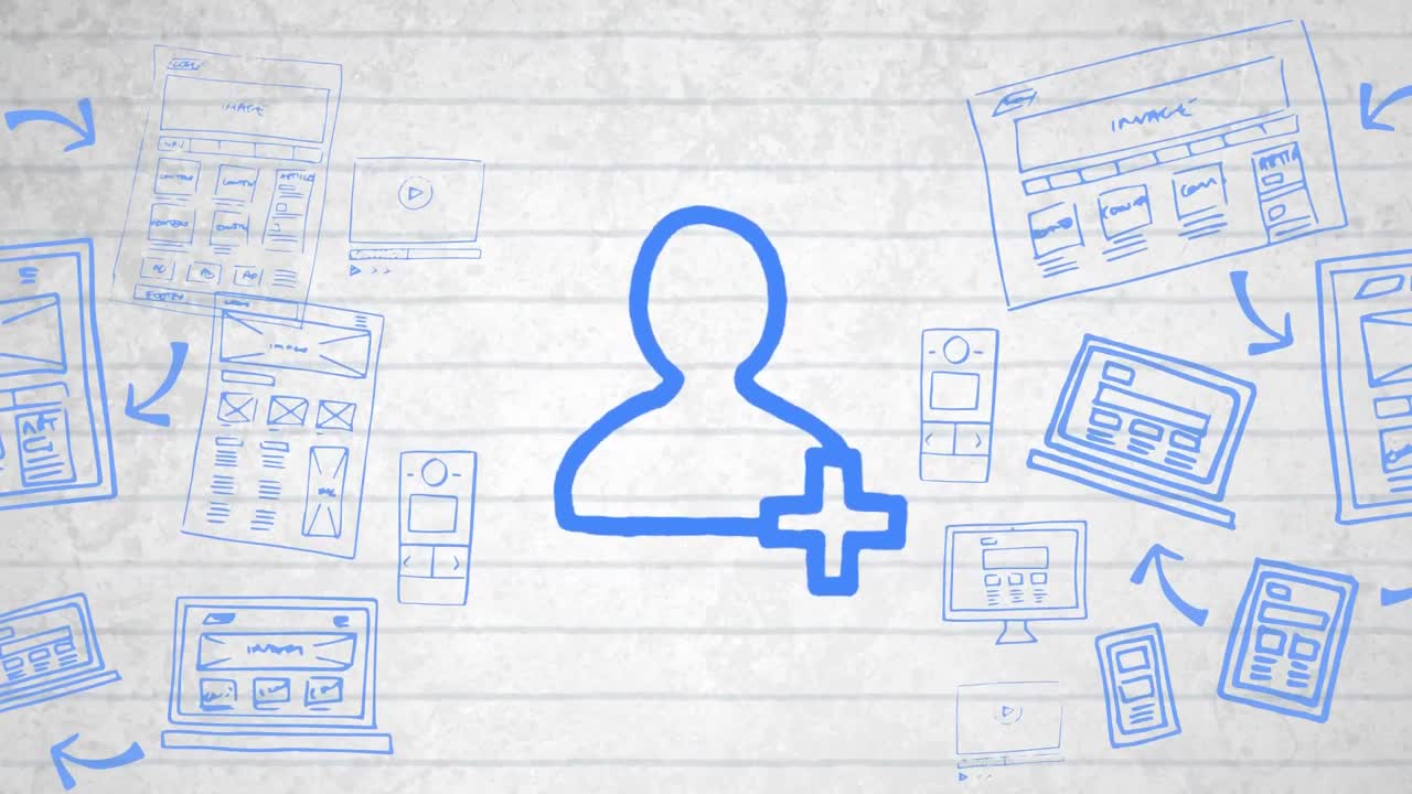 animación del contorno azul de la gente icono dibujado a mano con un marcador en papel de línea blanca