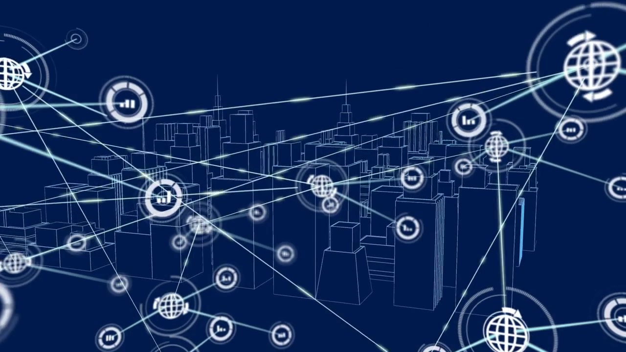 Digital Network Connections Over Wireframe Cityscape