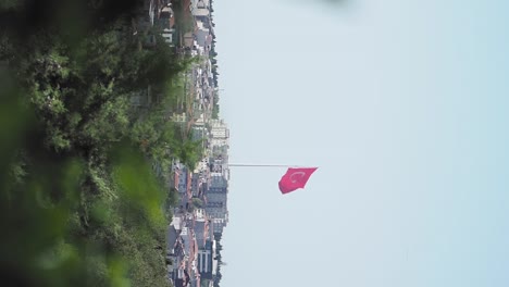 turkish flag waving over a city landscape