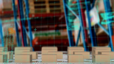 animación del procesamiento de datos sobre cajas de cartón en cintas transportadoras en el almacén