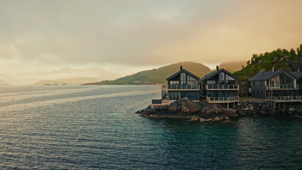 Panoramic view of Hamn in Senja hotel in the Lofoten islands, Norway. View of the Norwegian sea and the scenic nordic landscape.