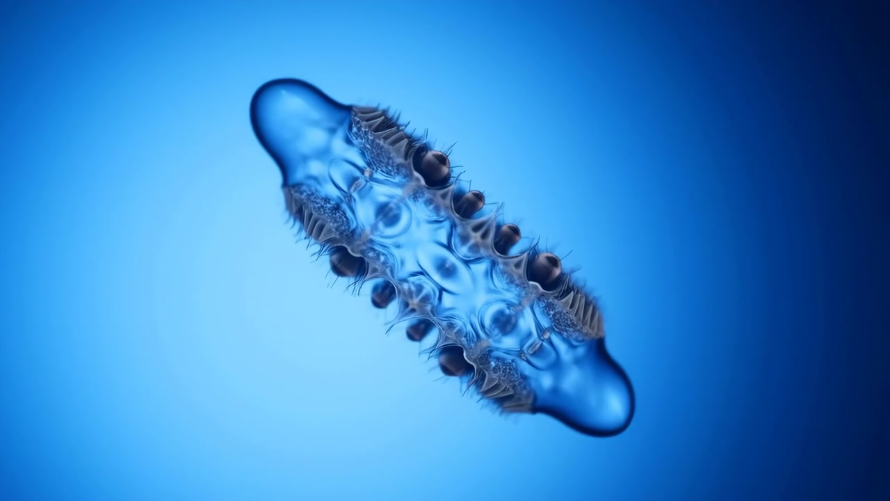 Un primissimo piano mostra una forma gelatinosa blu traslucida sospesa su uno sfondo sfumato azzurro pallido, con allineamento diagonale, estremità bulbose lucide, nuclei di cavità ripetuti, bordi filamentosi, morbidi